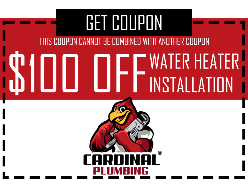 Red coupon for $100 off water heater installation from Cardinal Plumbing, with a plumber mascot and “Get Coupon” button