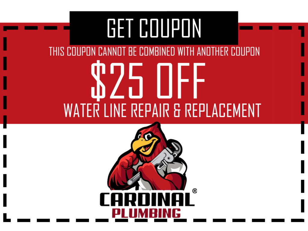 Red coupon for Cardinal Plumbing offering $25 off water line repair and replacement