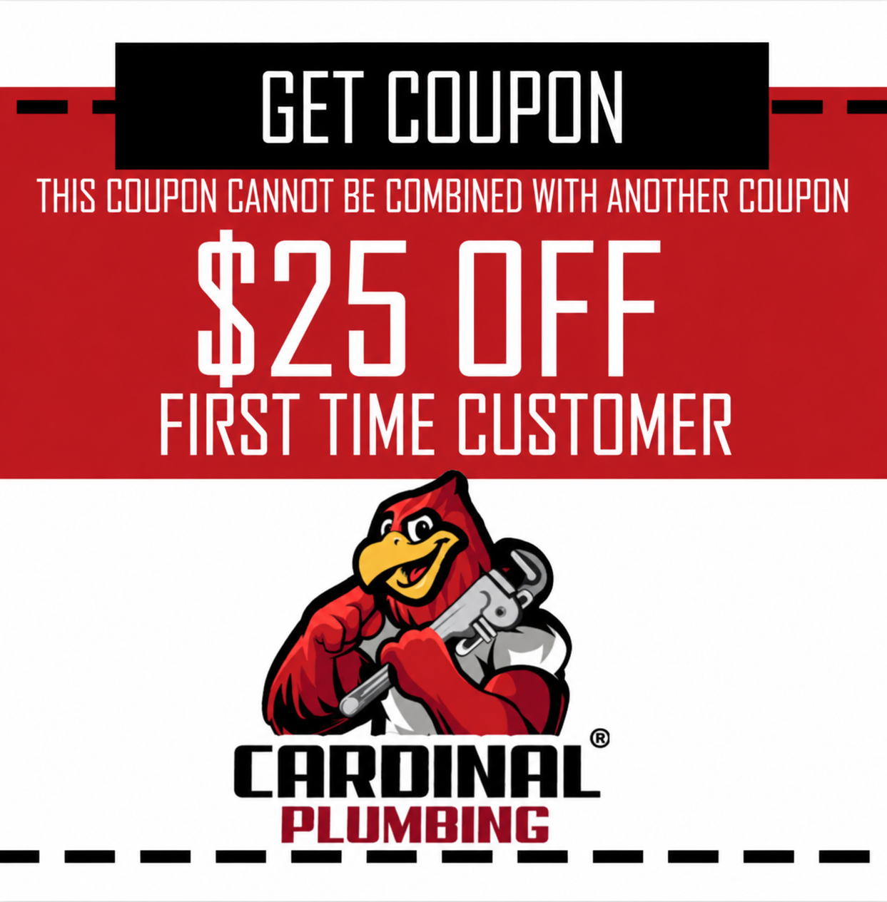 Carolina Plumbing coupon ad: $25 off first-time customer, red and black with parrot logo
