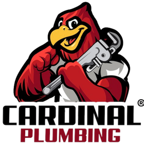 Cardinal Plumbing logo with a red cardinal mascot holding a silver pipe wrench