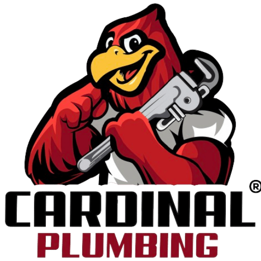 Cardinal mascot holding a pipe wrench above the words “Cardinal Plumbing”