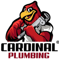 Cardinal Plumbing logo with a red cardinal mascot holding a silver pipe wrench