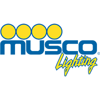 Musco Lighting logo: blue text "MUSCO" under four yellow circles; "Lighting" in yellow script.