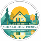 Logo for Norris Lakefront Paradise showing a lakeside cabin, trees, and sun reflected in water.