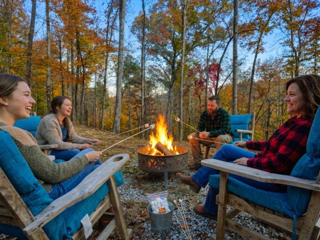 Friends sitting in blue chairs around a campfire in a wooded clearing at sunset
