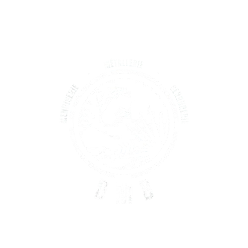Emblème blanc avec texte et ruban.