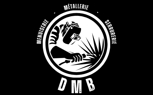 Logo : Cercle noir et blanc avec un soudeur ; texte « DMB », « Menuiserie », « Métallerie » et « Serrurerie ».