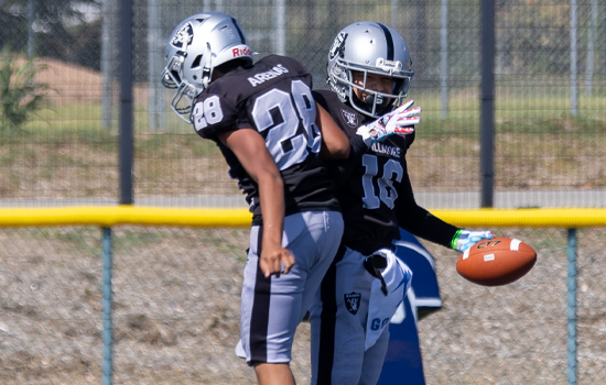 Football player in silver uniform runs with ball on a green field.