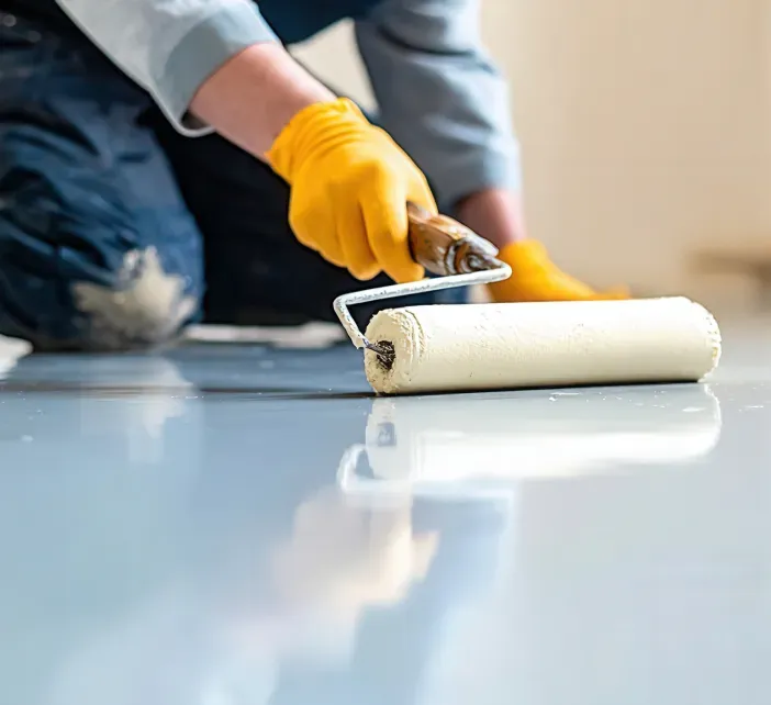 Worker in yellow gloves using a paint roller on a glossy floor surface