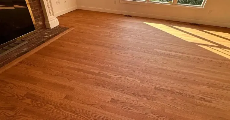 Sunlit hardwood floor in an empty room with fireplace and windows