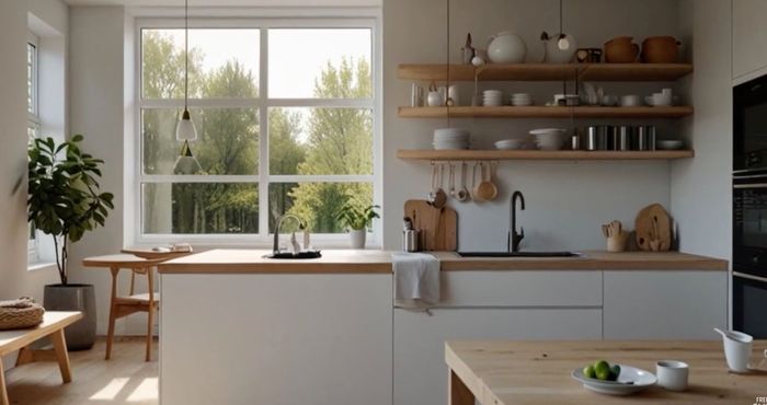 beautiful kitchen with wood interiors, showcasing a Scandinavian style with sleek lines and open shelving