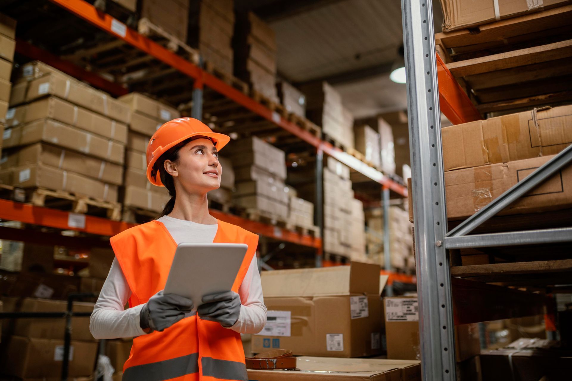 mujer revisando la clasificación arancelaria de los productos en la bodega. mujer revisando la clasificación arancelaria de los productos en la bodega.