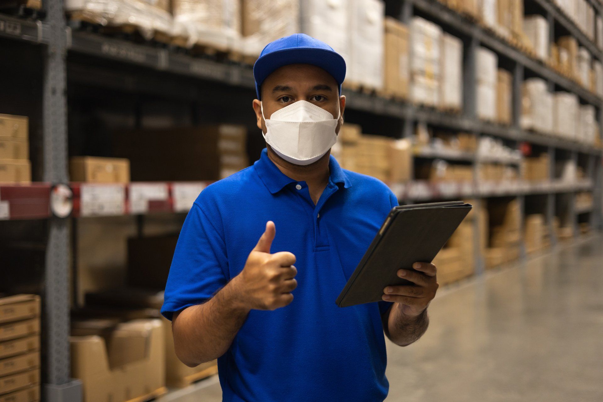 Un joven trabajador con uniforme azul que usa una lista de verificación de máscaras de protección Un joven trabajador con uniforme azul que usa una lista de verificación de máscaras de protección