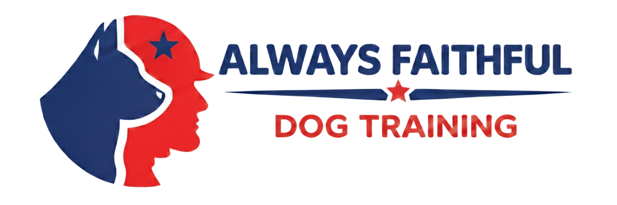 Always Faithful dog training logo with blue and red dog profile and text