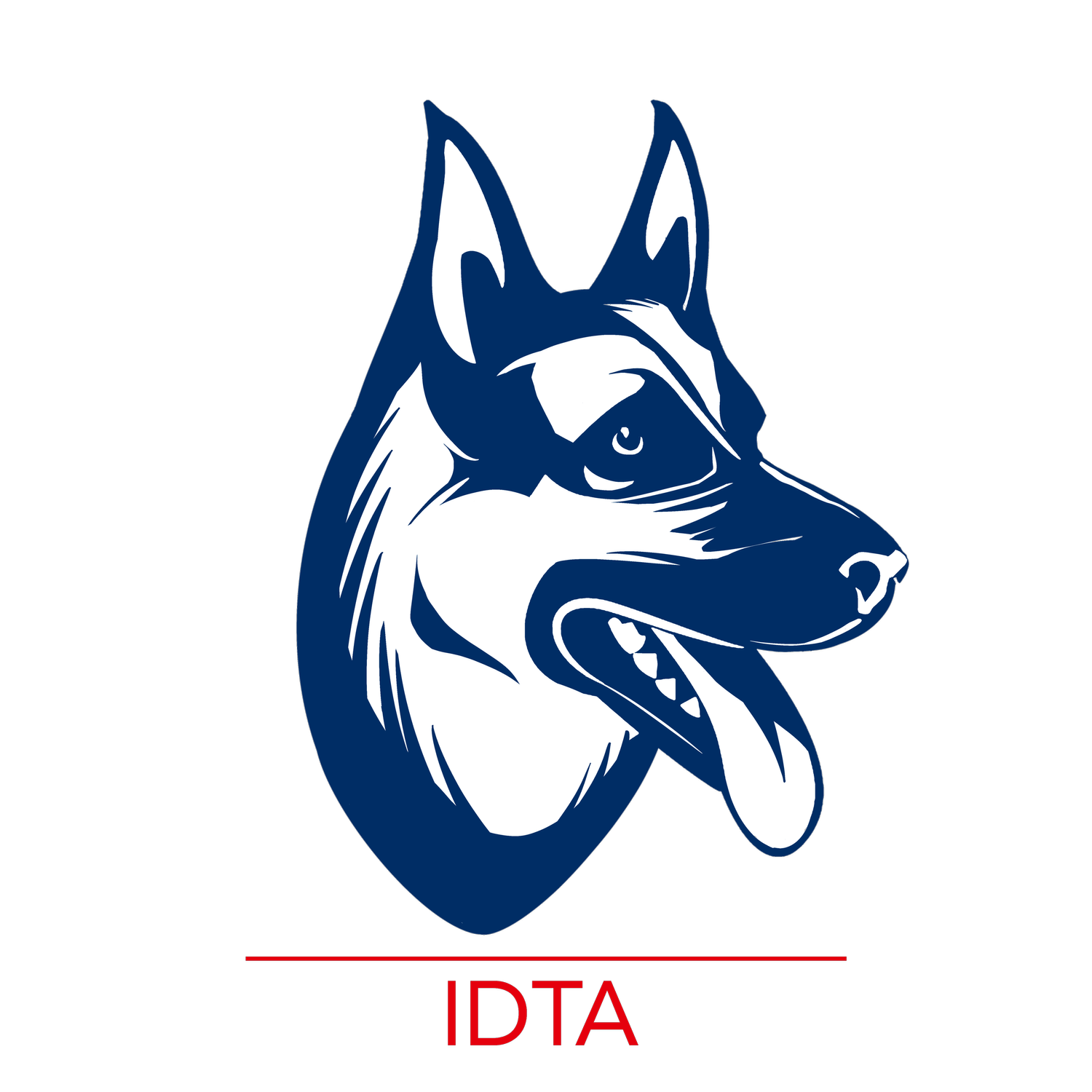 Blue Doberman head logo with tongue out and red “IDTA” text underneath