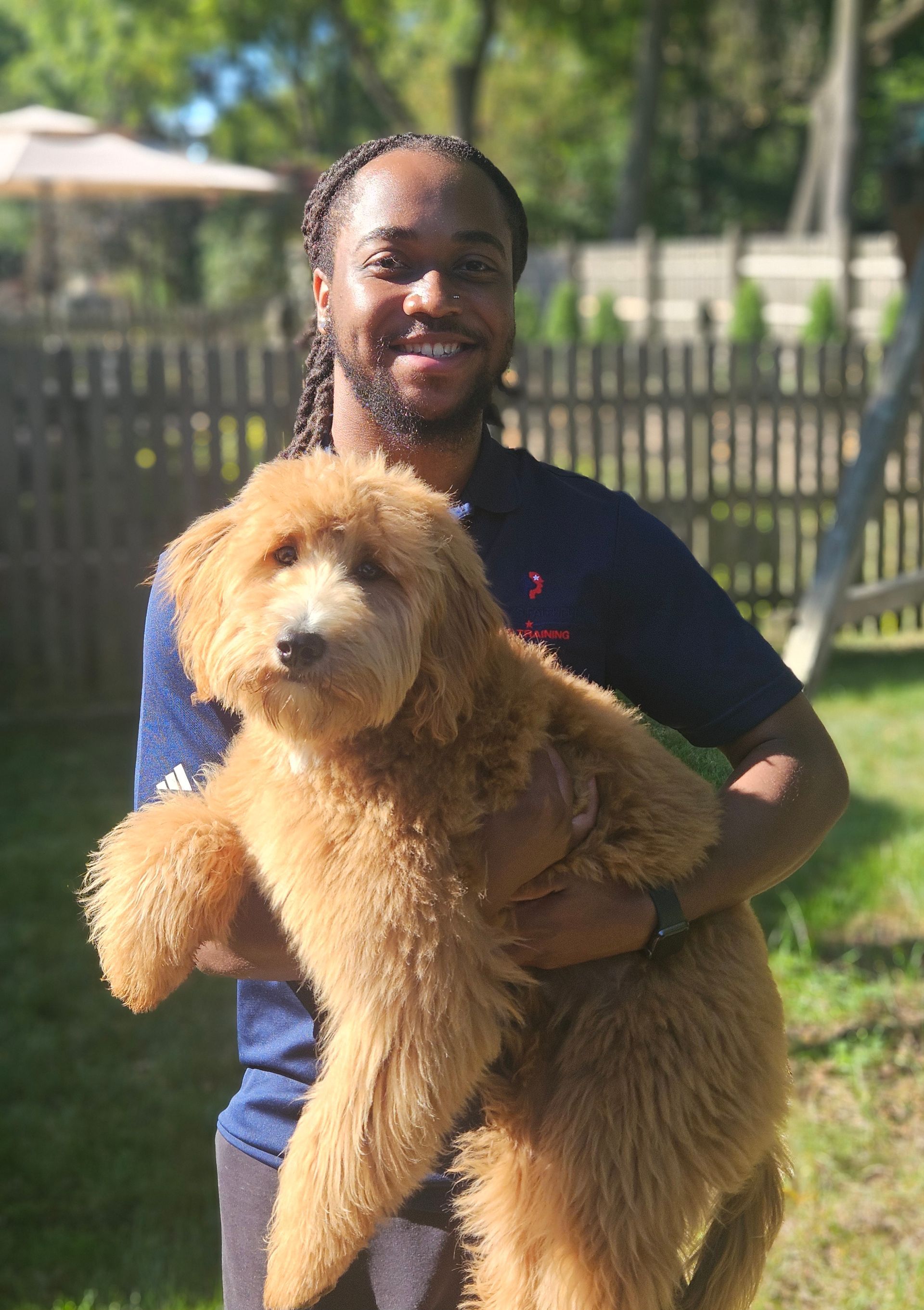 Person holding a large fluffy brown dog in a sunny yard