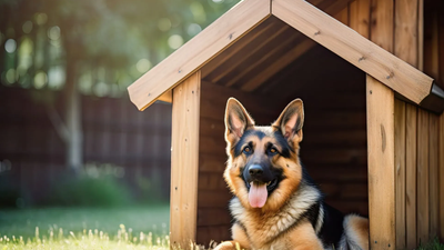German shepherd resting in a wooden doghouse on a sunny lawn