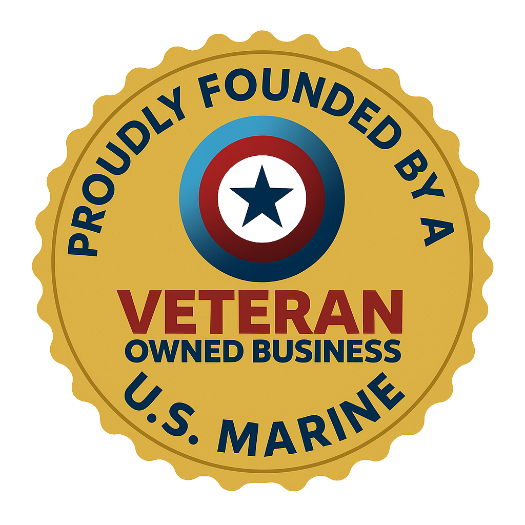 Veteran-owned business badge with gold seal, blue star emblem, and U.S. Marine text