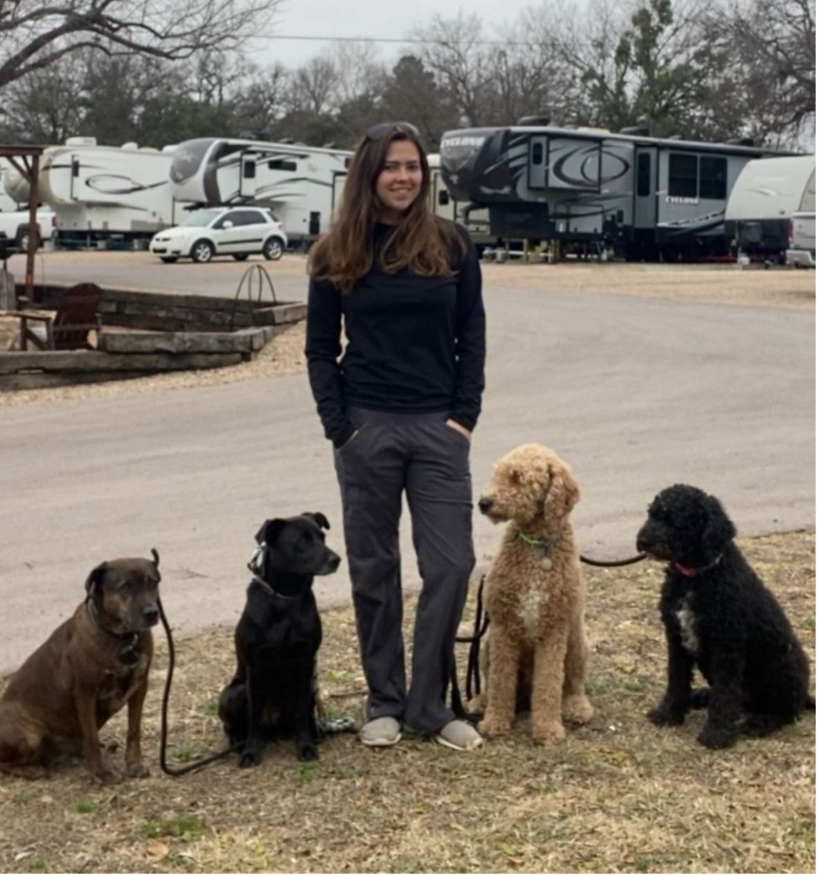 Woman standing with four dogs in a campground, with RVs in the background.