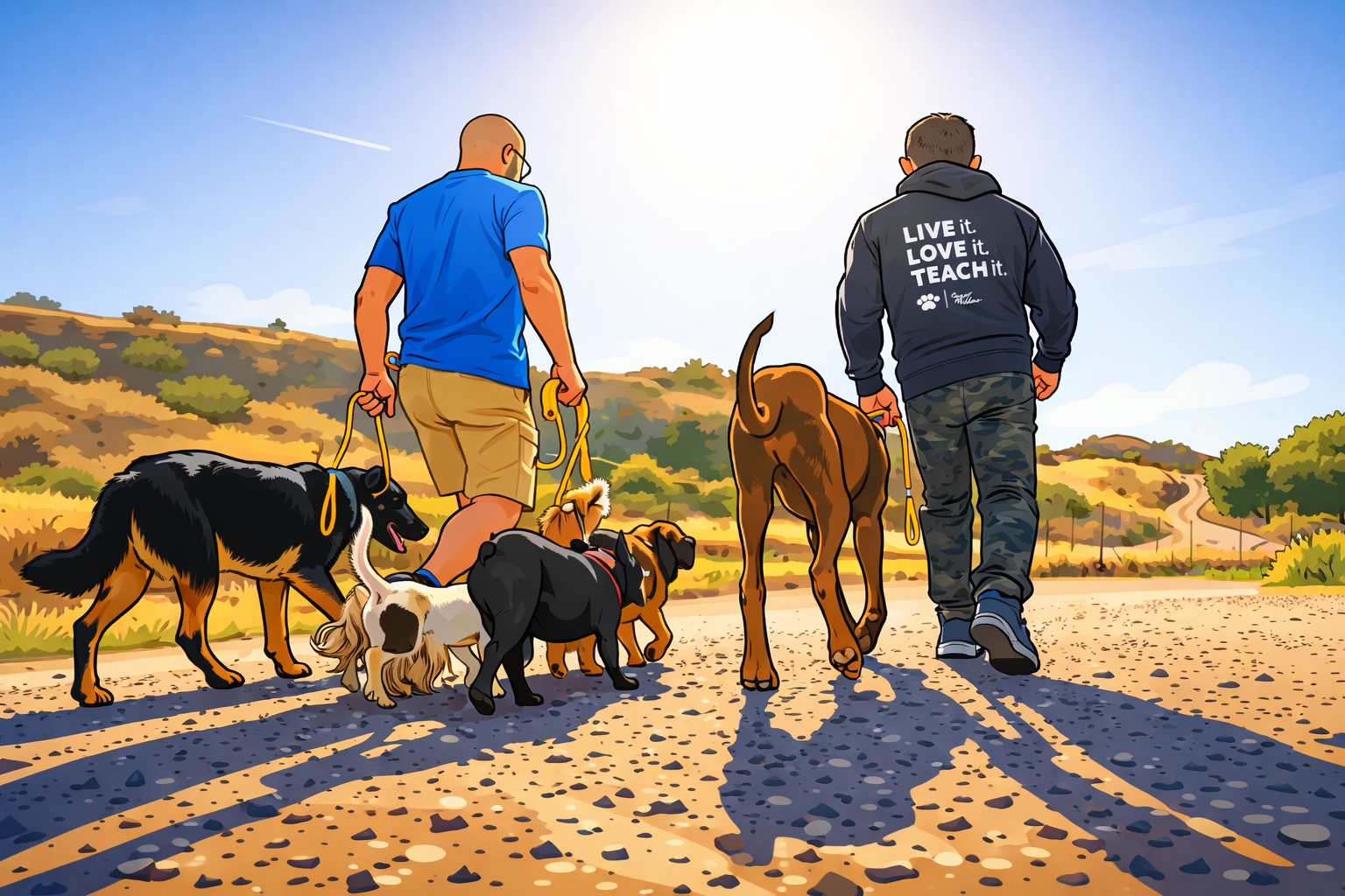 Three people walking several dogs on a sunny dirt path in a park
