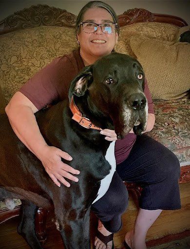 Woman sitting on a couch with a large black dog in a living room