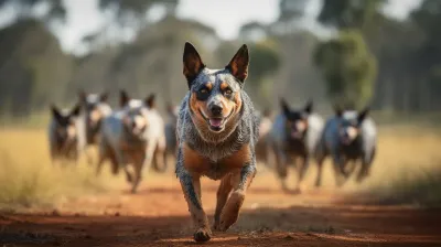 Blue heeler dog running toward camera on a dusty trail, with several dogs blurred behind it.