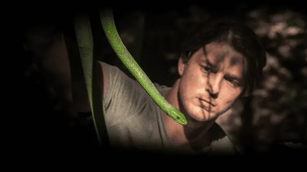 Person in dark shadows with a green snake near their face, looking tense in a dim scene