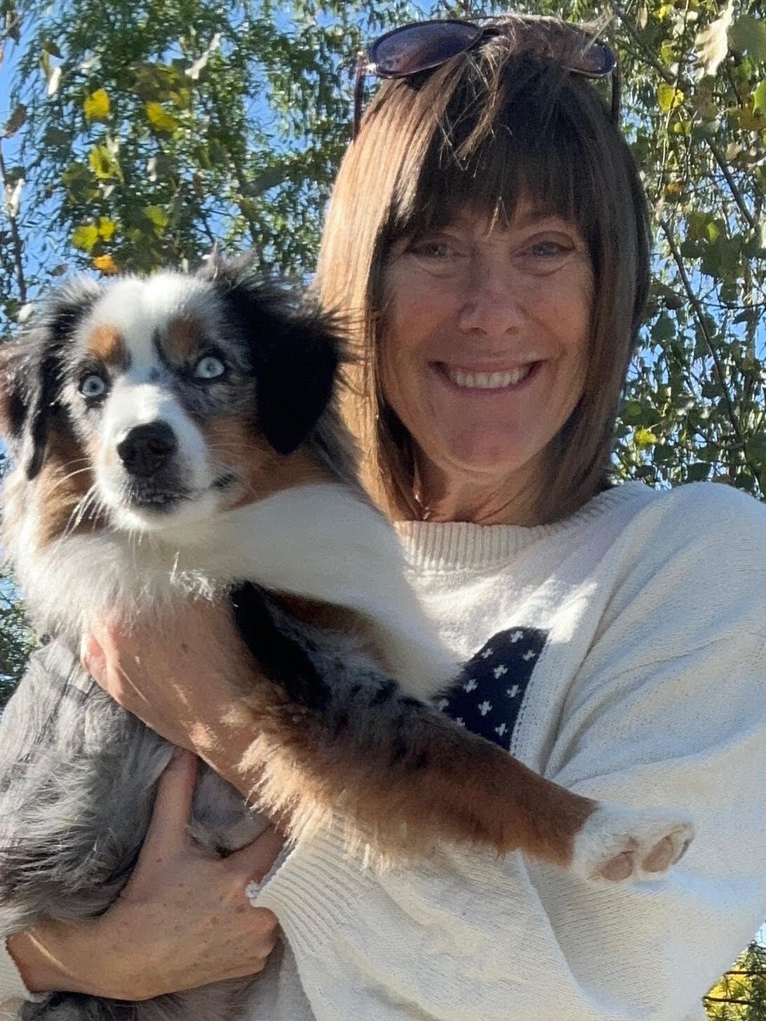 Woman holding a fluffy black, white, and brown puppy outdoors in sunlight