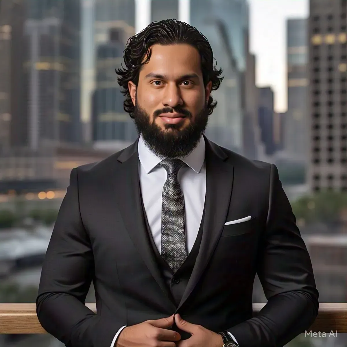 Man in a black suit and tie standing confidently in front of a city skyline.