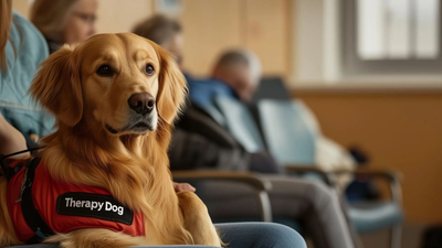Golden therapy dog wearing a red vest sits calmly in a waiting room with seated people behind it