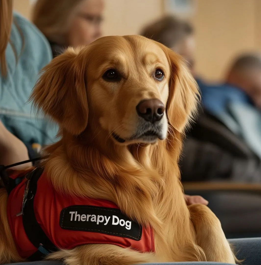 Golden retriever wearing a red vest labeled “Therapy Dog,” sitting indoors with a calm expression