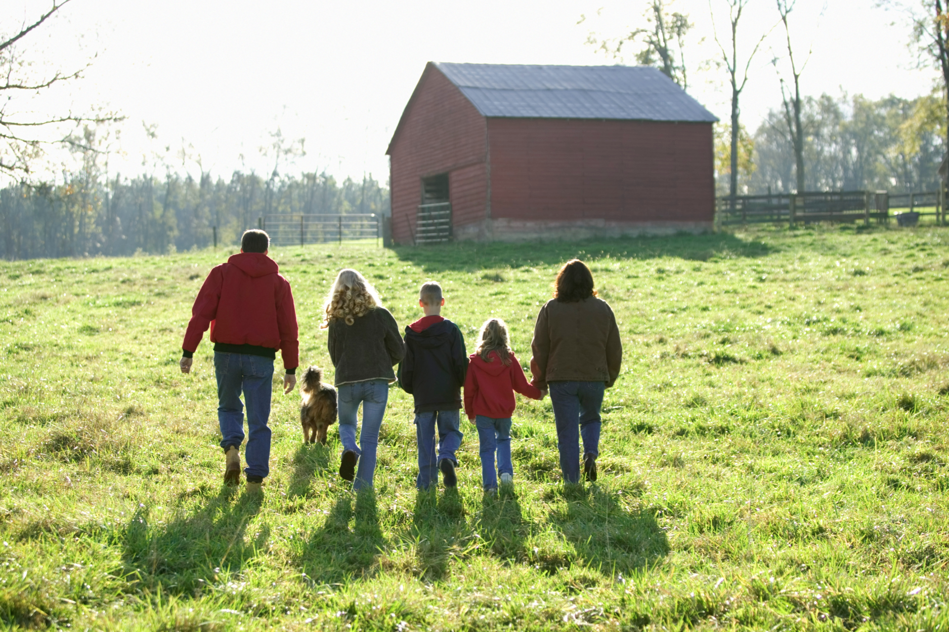 Family of five walking across a grassy field toward a red barn on a sunny day.
