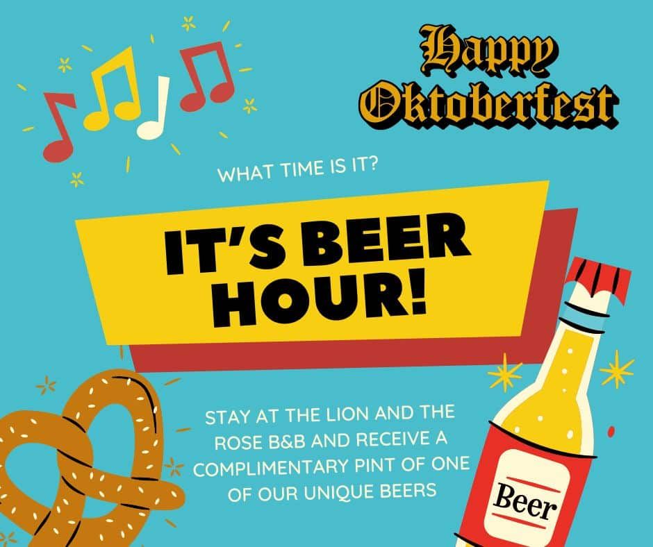 Oktoberfest promotion with beer, pretzel, musical notes.