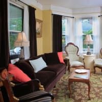 Cozy living room with dark brown sofa, colorful pillows, and large windows with curtains.
