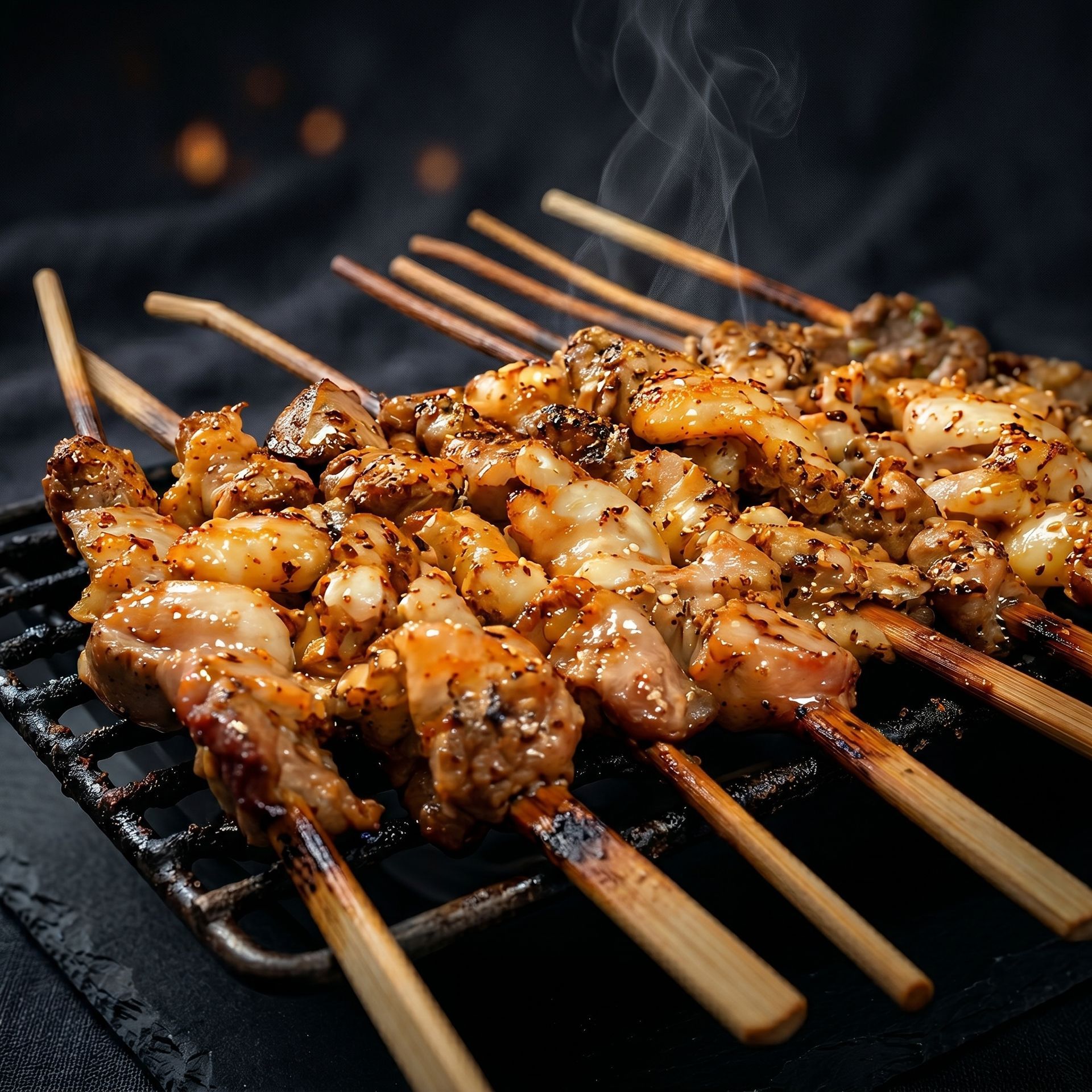 Grilled chicken skewers sizzling on a dark grill, with smoky steam rising