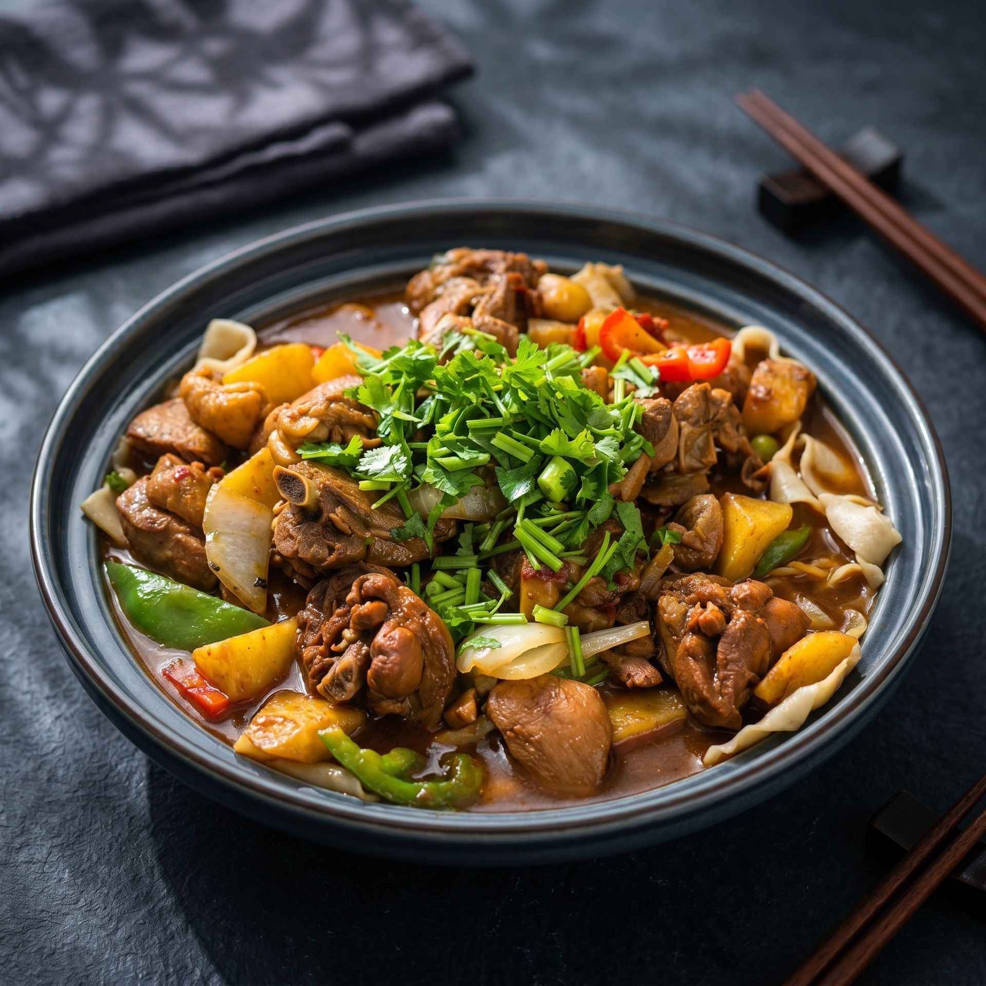 Bowl of stir-fried meat and vegetables topped with chopped herbs, served with chopsticks on a dark table