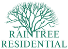 a logo for raintree residential with a tree in the middle