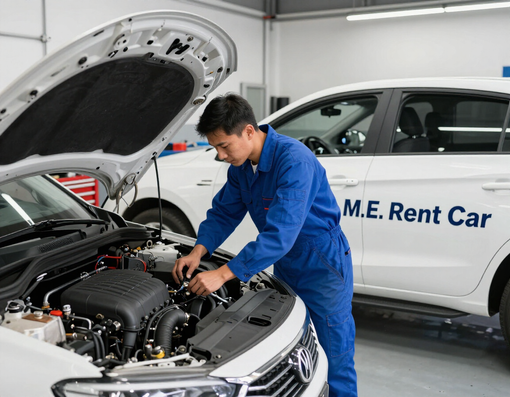 Tecnico M.E. Rent Car impegnato in un tagliando auto