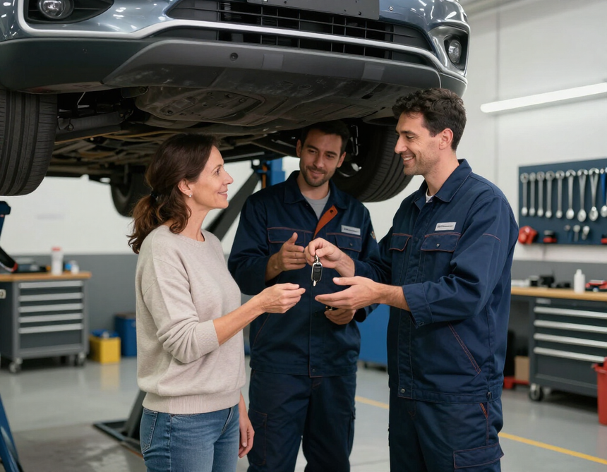 Tecnico e cliente nella sede assistenza M.E. Rent Car