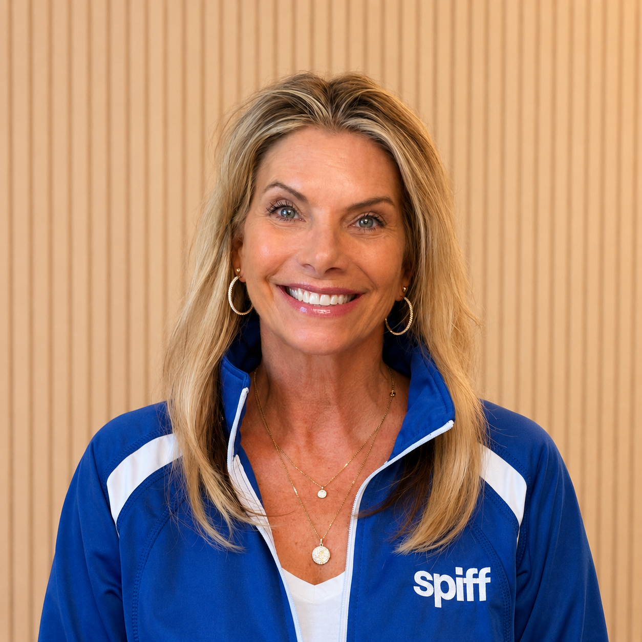Smiling person in blue Sniff shirt and glasses standing against a striped beige wall
