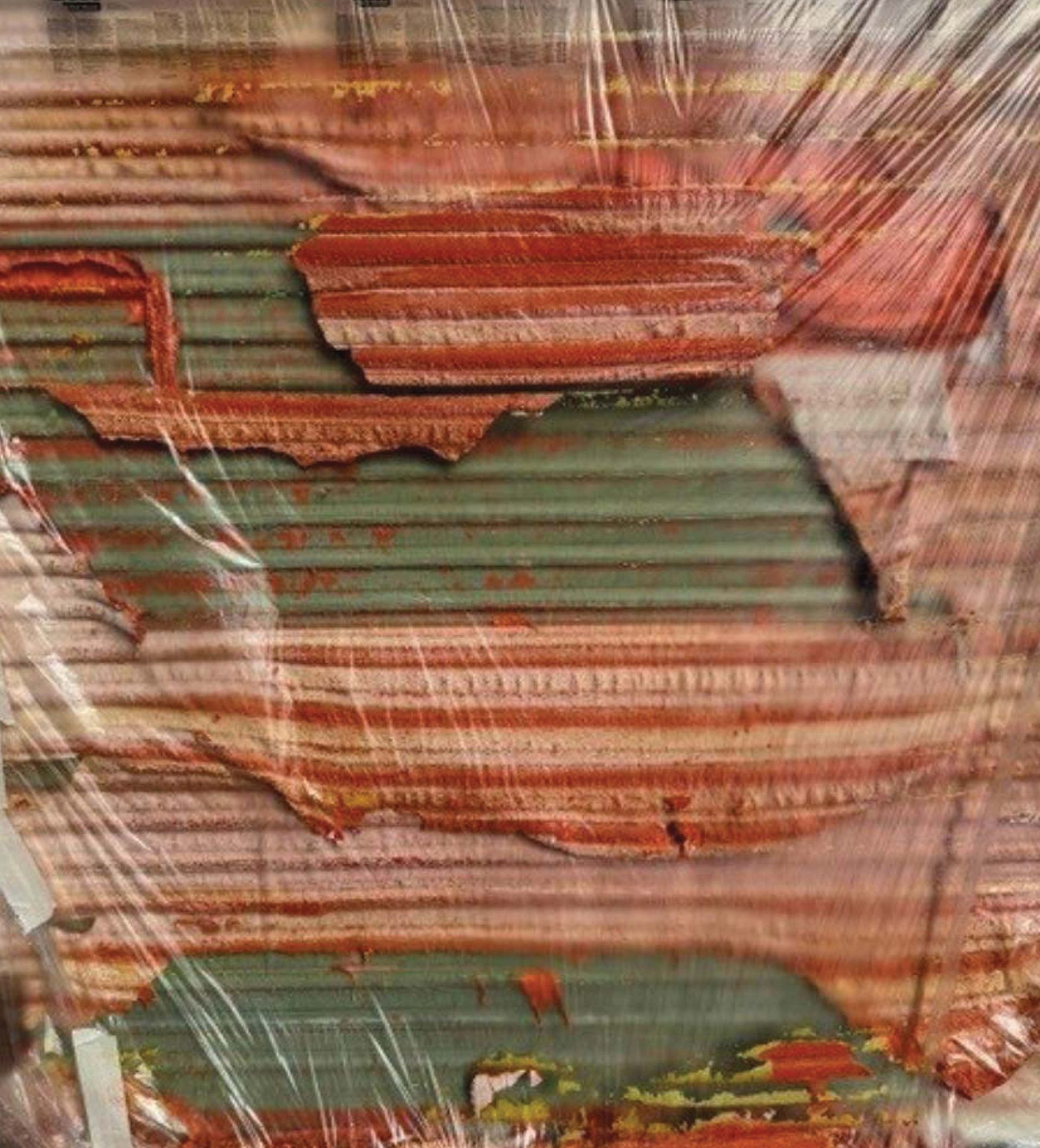 Abstract close-up of layered red, green, and beige painted textures with diagonal white streaks