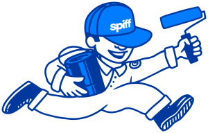 Blue cartoon painter running with roller and bucket, wearing a cap and smiling