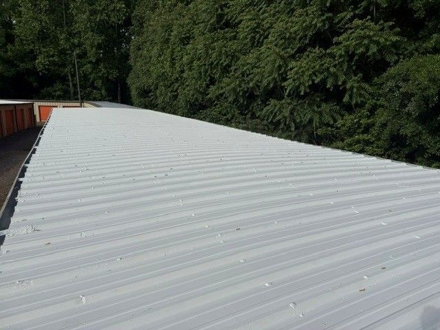 White corrugated metal roof beside dense green trees under daylight