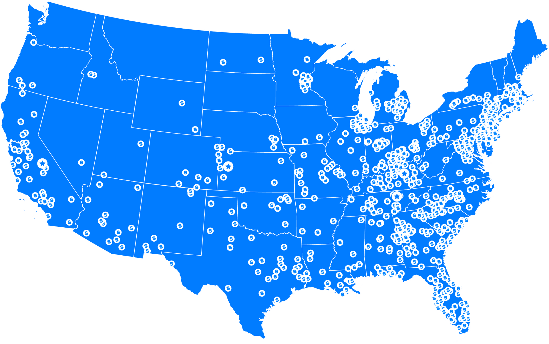 Blue map of the United States with many white location markers scattered across the country