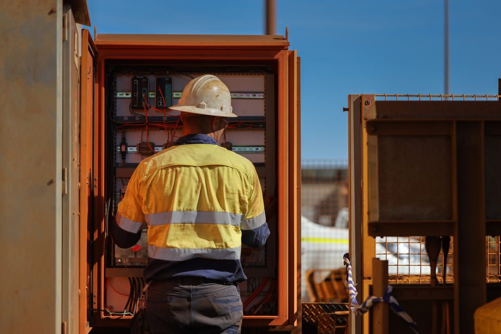 A Man in a Hard Hat is Working on a Electrical Box — Himec Electrical In Plainland, QLD