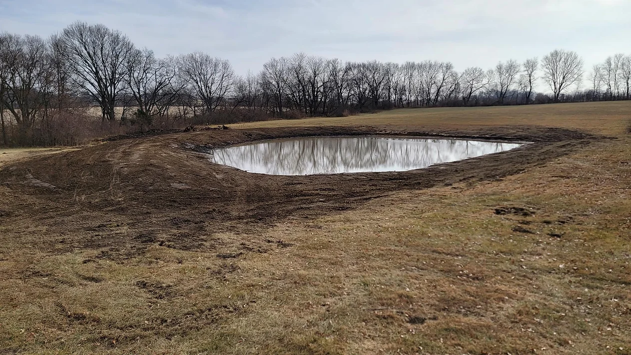 A pond in the field with trees in the background.
