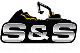 A logo for s & s excavation with an excavator on top of a pile of dirt.