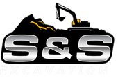 A logo for s & s excavation with an excavator on top of a pile of dirt.
