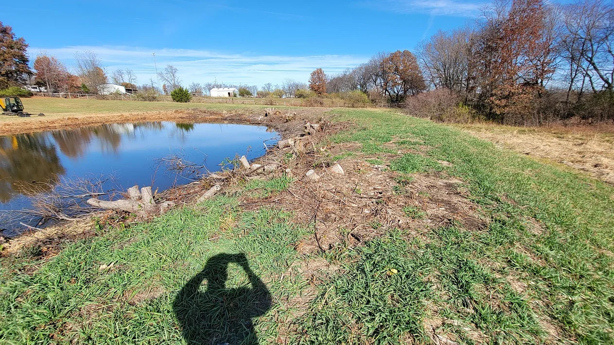 a person is standing in front of a pond in a field .