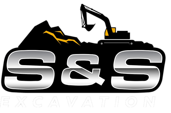 A logo for s & s excavation with an excavator on top of a pile of dirt.